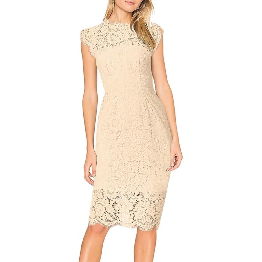 Sheer Illusion Cream Lace Sheath Dress High Neck Scalloped Edges Knee Length M